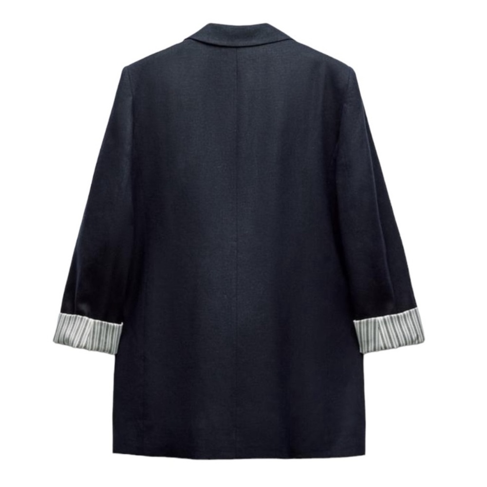 ZARA LINEN BLEND ROLL UP SLEEVE OPEN FRONT BLAZER BLACK SIZE L - Picture 3 of 8